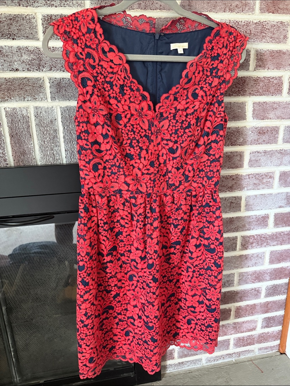 Shoshanna Red Lace Dress with Navy Underlay